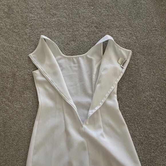 Vintage Wrapper Fitted Square Neck White Textured Dress Silver Belt Accent - Picture 9 of 11